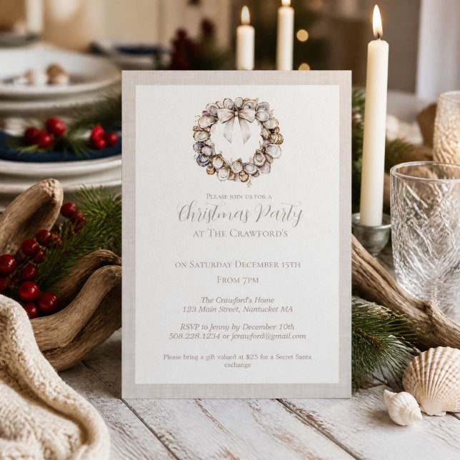 Convite Coroa de Concha de Ostra Natal Costeiro  (Oyster Shell Wreath Christmas Party Invite)
