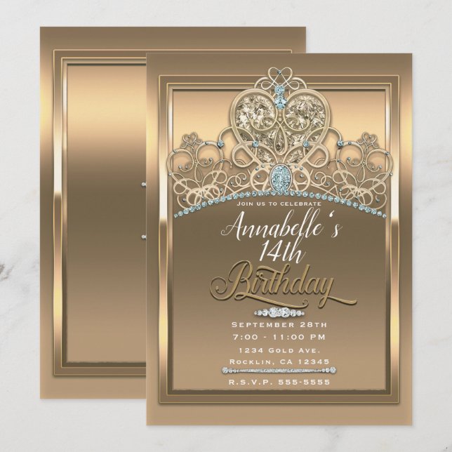 Convite Coroa de Coração Princesa Glamouroso Dourado Festa (Frente/Verso)