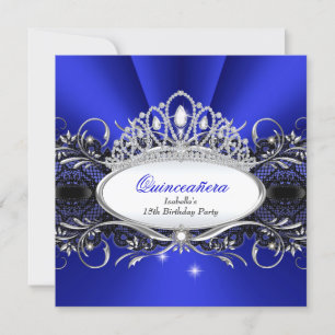 Convite Coroa de Diamante Azul Real QUINCEANERA em renda
