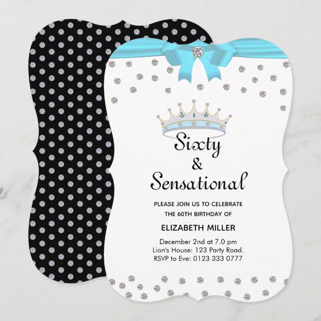 Convite Coroa de Diamante Brilhante Chic Sessenta & Sensac (Frente/Verso)