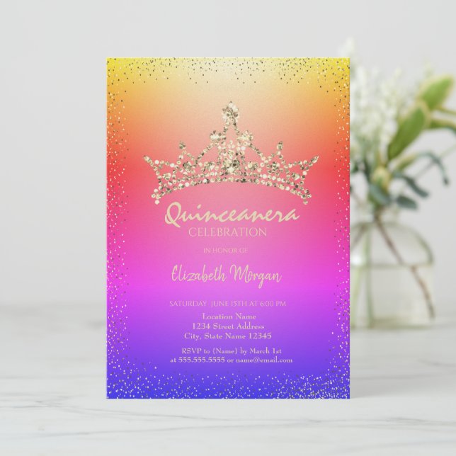 Convite Coroa de Diamantes Chic Ombre Quinceañera  (Em pé/Frente)