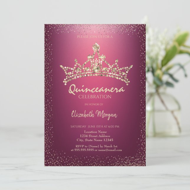 Convite Coroa de Diamantes Chic Vermelho Quinceañera (Em pé/Frente)