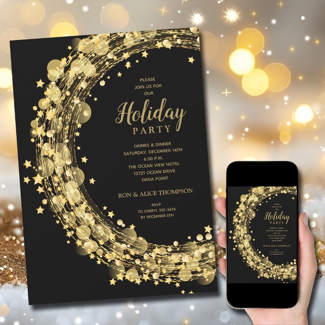 Convite Coroa de Estrela Dourada no Natal Feriado Preto (Gold star wreath on black holiday Christmas invitations, PRINTED and/or INSTANT DOWNLOAD)