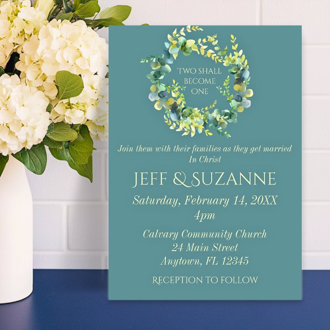 Convite Coroa de Eucalipto Verde Casamento Dois se Tornam  (Eucalyptus Greenery Wedding Wreath Two Shall Become One Invitation
)