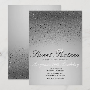 Convite Coroa de festa Sweet 16 com brilho prateado cintil