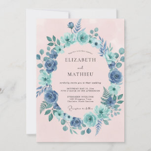 Convite Coroa de Flores Azul Verde para Casamento