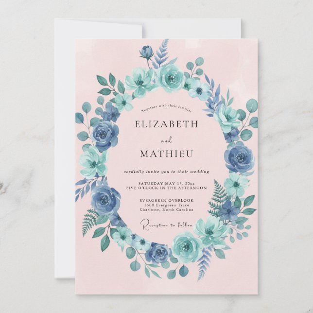 Convite Coroa de Flores Azul Verde para Casamento (Frente)