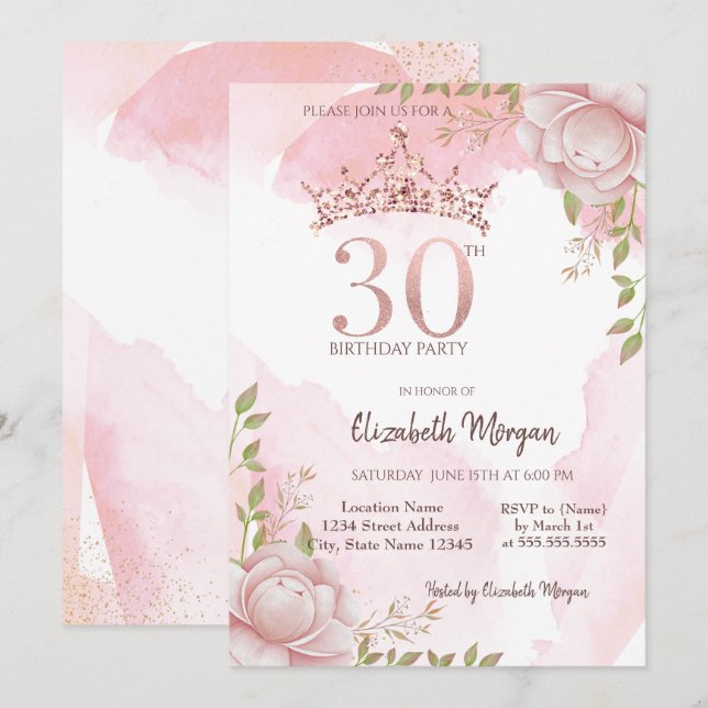 Convite Coroa de Flores Boho Aquarela Aniversário de 30 an (Frente/Verso)