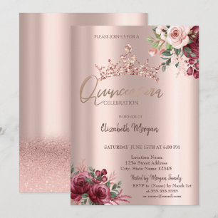 Convite Coroa de Flores Brilhantes em Rosa Dourado Chic Qu