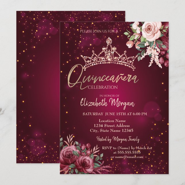 Convite Coroa de Flores Chic Vermelho Quinceañera (Frente/Verso)