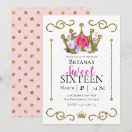 Convite Coroa de Flores com Brilho Dourado Festa Sweet 16