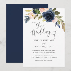 Convite Coroa de Flores de Aquarela Rosa Navy Casamento