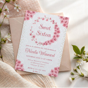 Convite Coroa de Flores de Cerejeira em Aquarela Sweet 16