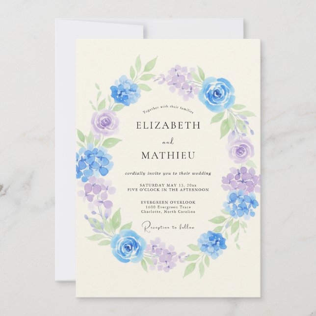 Convite Coroa de Flores de Lavanda Azul Casamento (Frente)