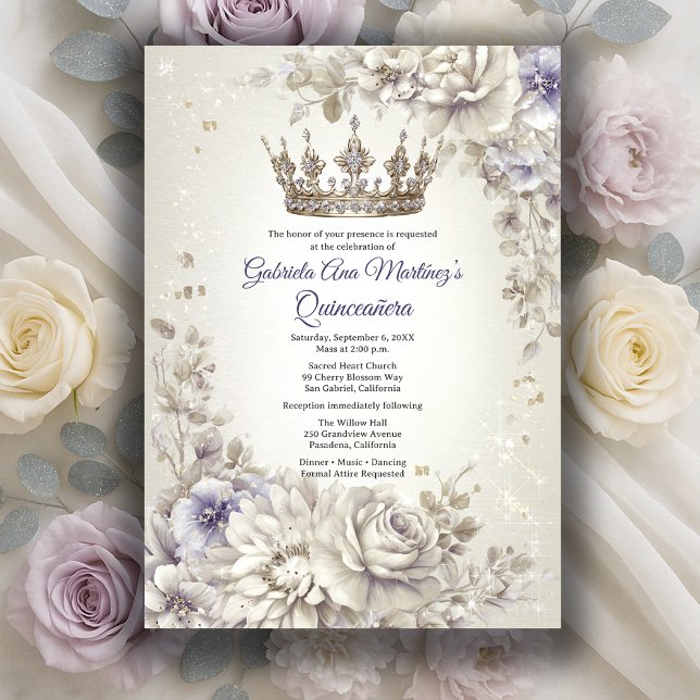 Convite Coroa de Flores de Lavanda Prata Quinceañera (Lavender Silver Crown Floral Quinceañera Invitation
)