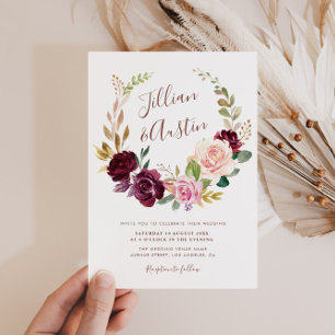 Convite Coroa de flores de outono rústico para casamento