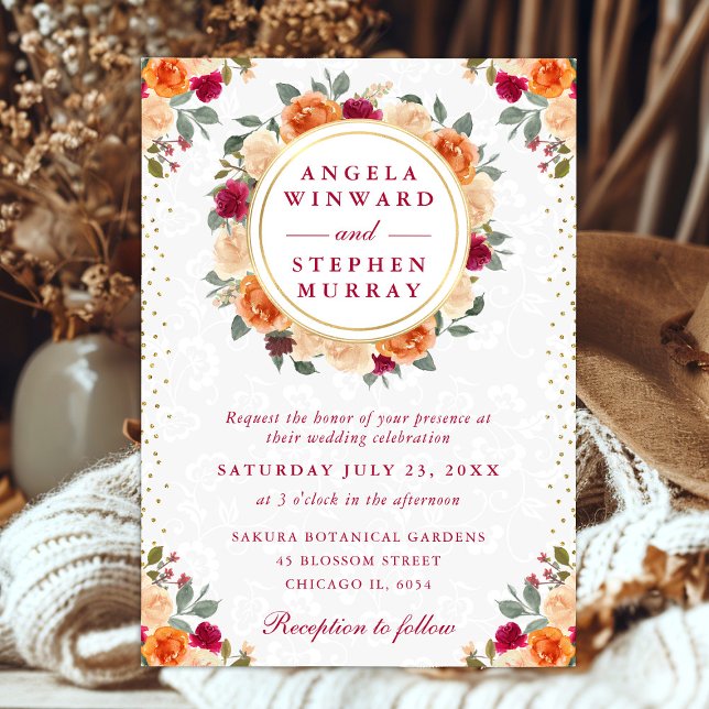 Convite Coroa de Flores de Outono Vermelhas e Laranja Casa (Criador carregado)