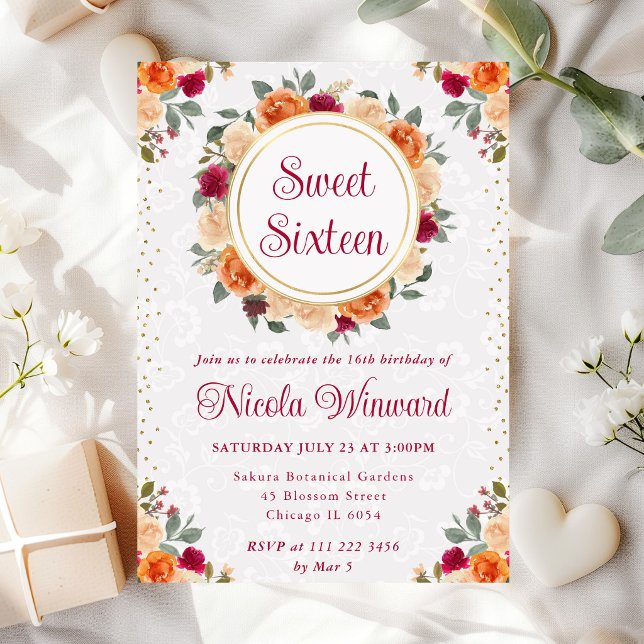 Convite Coroa de Flores de Outono Vermelhas e Laranja Doce (Criador carregado)