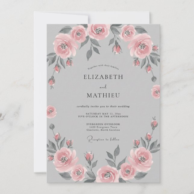 Convite Coroa de Flores Românticas Blush para Casamento (Frente)