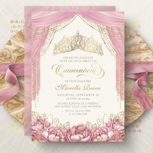 Convite Coroa de Flores Rosa Bege Quinceanera