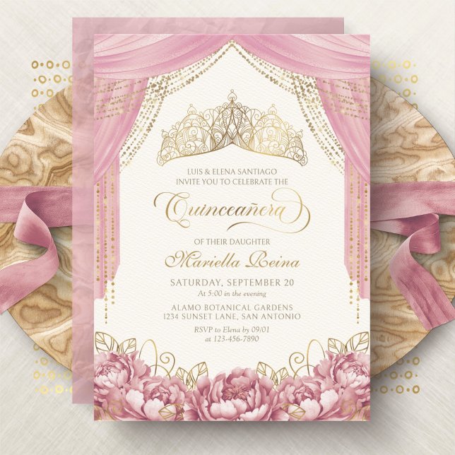 Convite Coroa de Flores Rosa Bege Quinceanera (Criador carregado)