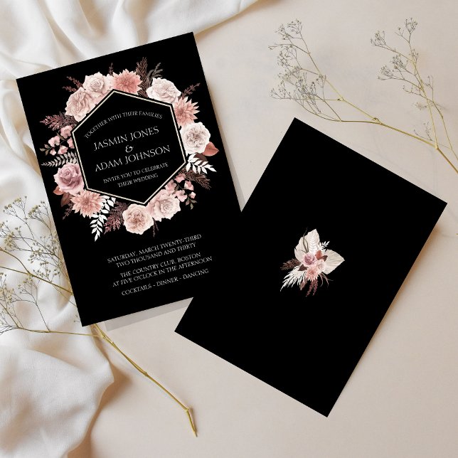 Convite Coroa de Flores Secas Rosa Empoeirada Preta Boho C (Boho Black Dusty Pink Dried Flowers Wreath Wedding Invitation)