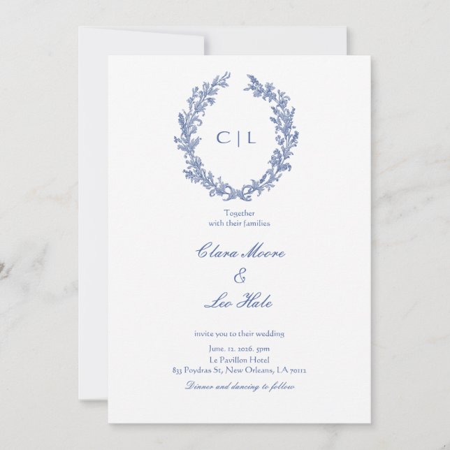 Convite Coroa de flores silvestres azuis empoeiradas român (Frente)