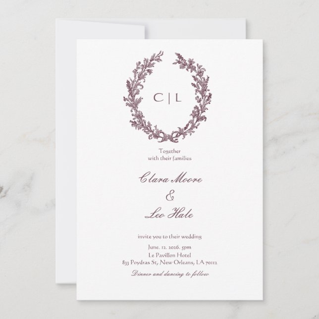 Convite Coroa de Flores Silvestres de Casamento em Burgund (Frente)