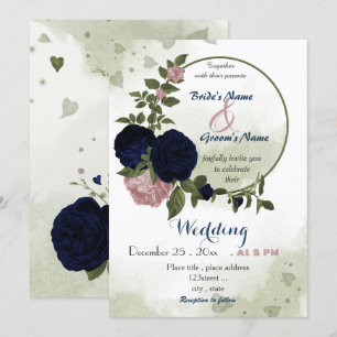 Convite coroa de flores verde naval rosa casamento