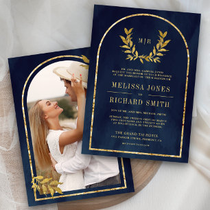 Convite Coroa de Folhas de Louro Dourado Casamento Azul Ma