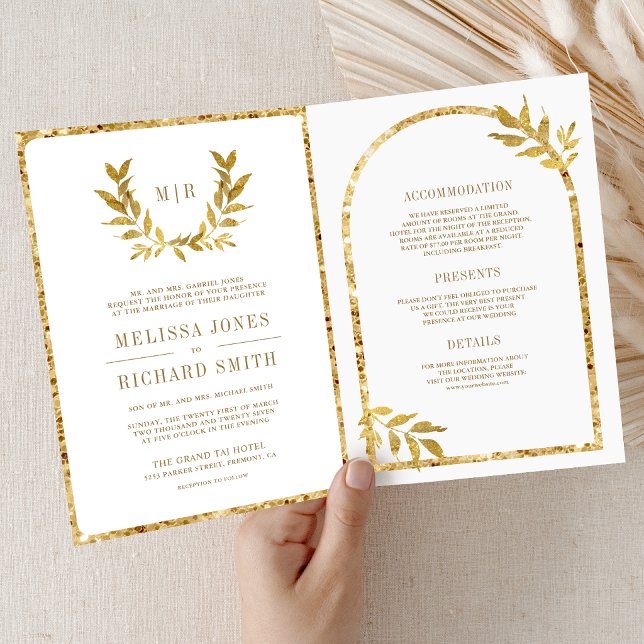 Convite Coroa de Folhas de Louro Dourado Casamento Branco (Criador carregado)