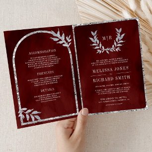 Convite Coroa de Folhas de Louro Prateado Casamento Vermel