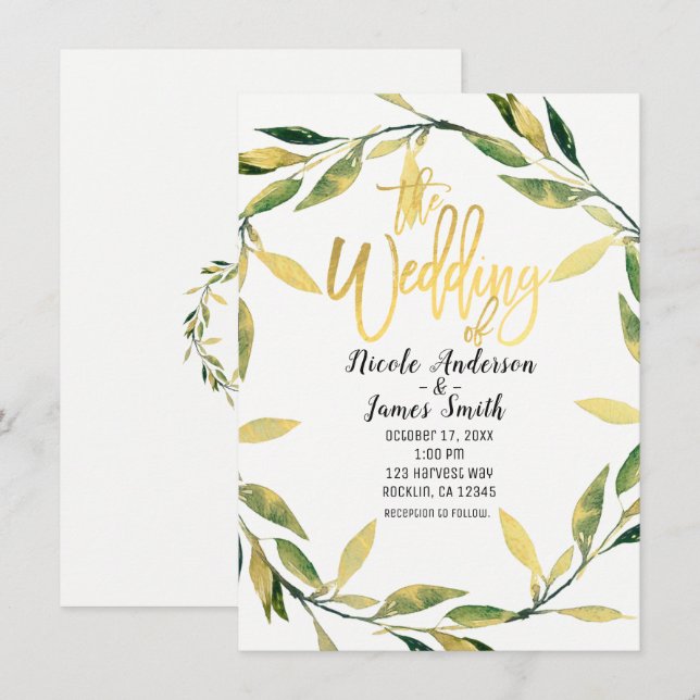 Convite Coroa de Folhas Verde Botânico Dourado Casamento M (Frente/Verso)
