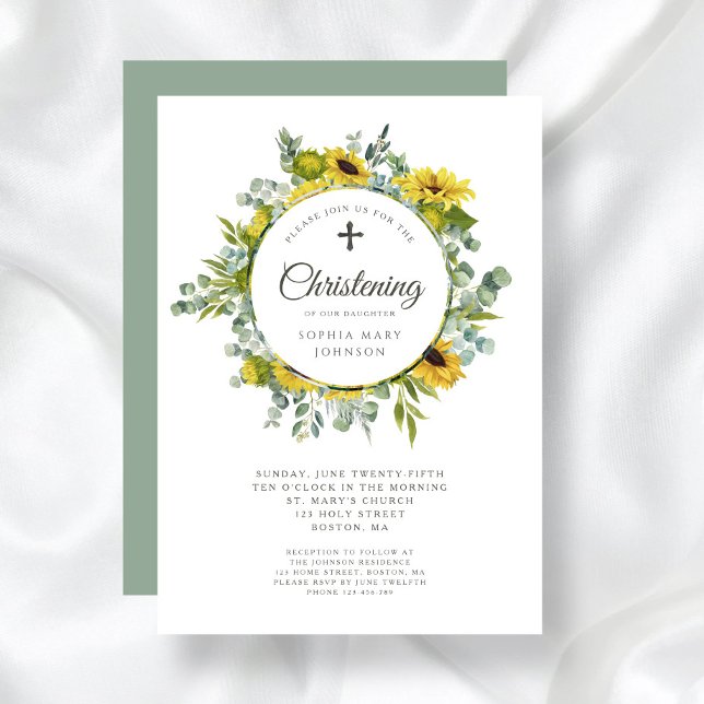Convite Coroa de Girassóis com Cruz Religiosa para Batizad (Religious Cross Sunflower Wreath Christening Invitation)
