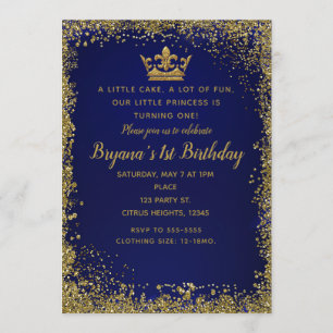 Convite Coroa de Glitter Azul Royal e Dourado Aniversário 