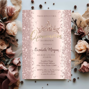 Convite Coroa de Glitter Dourado Rosa Chic para Quinceañer