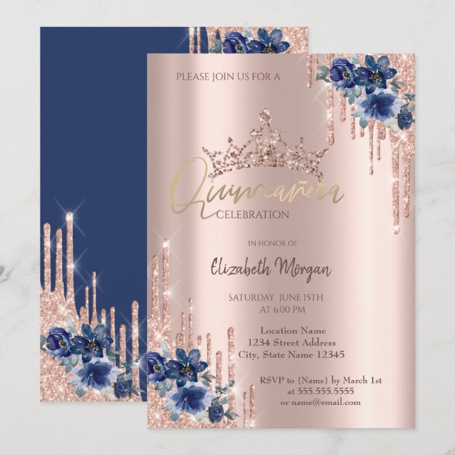 Convite Coroa de Glitter Drop Flores Azuis Quinceañera (Frente/Verso)