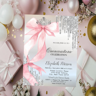 Convite Coroa de Laço Rosa Brilho Gota Prata Quinceañera