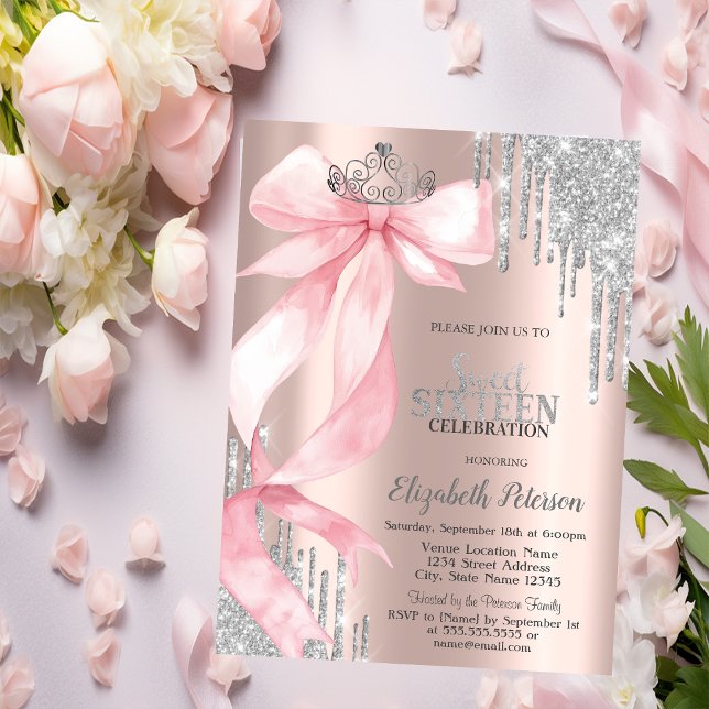 Convite Coroa de Laço Rosa Brilho Gotas Dourado Rosa Doce  (Criador carregado)