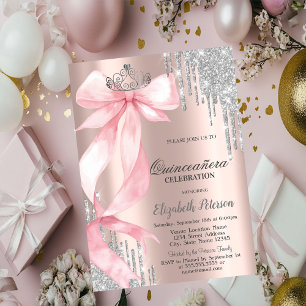 Convite Coroa de Laço Rosa Brilho Gotas Dourado Rosa Quinc