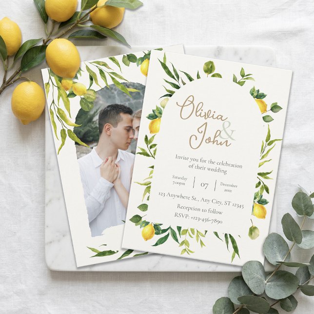 Convite Coroa de Limão Cítrico Botânico para Casamento (Botanical Lemon Citrus Wreath Greenery Wedding Invitation)