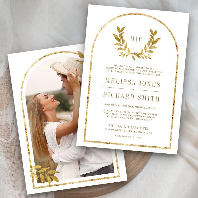 Convite Coroa de Louros Dourada Folhas Brancas Casamento (Criador carregado)
