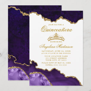 Convite Coroa de Mármore Roxo Dourado de Quinceanera