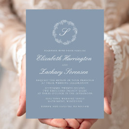 Convite Coroa de Monograma Azul Empoeirado Casamento Scrip