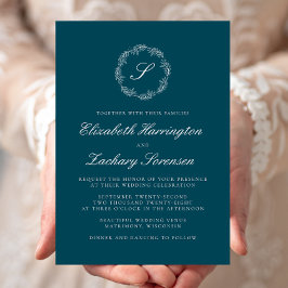 Convite Coroa de Monograma Azul Turquesa Casamento Escrito
