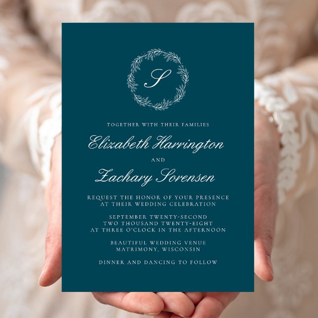 Convite Coroa de Monograma Azul Turquesa Casamento Escrito (Criador carregado)