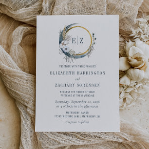 Convite Coroa de Monograma Boho Moon Índigo Casamento
