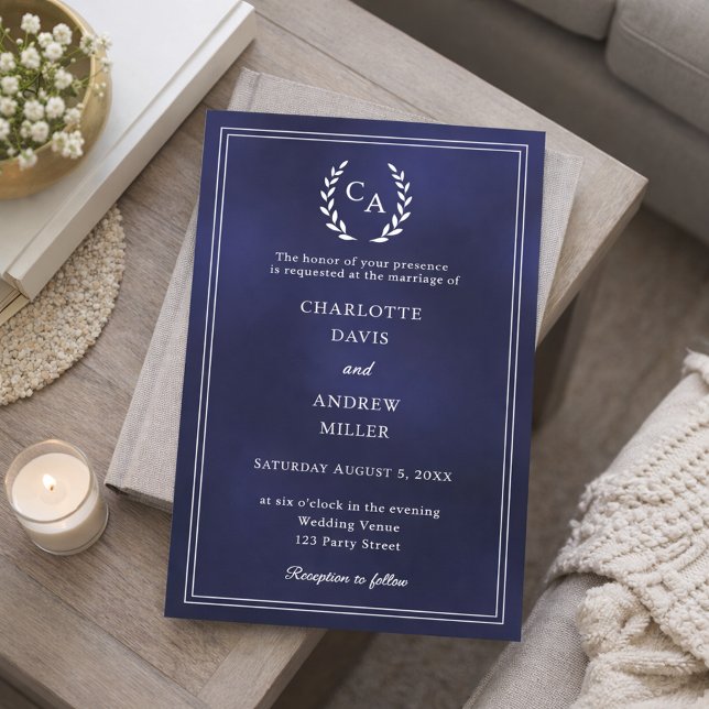 Convite Coroa de monograma de casamento simples azul marin (Criador carregado)