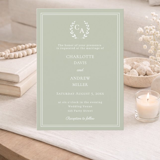 Convite Coroa de monograma de casamento simples em verde s (Criador carregado)