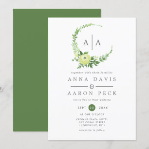 Convite Coroa de Monograma de Verde com Aquarela para Casa